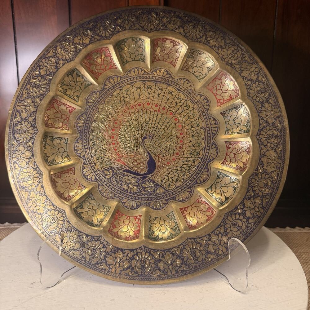 Vintage Brass & Enamel Peacock 11.5" Decorative Etched Hanging Wall Plate India